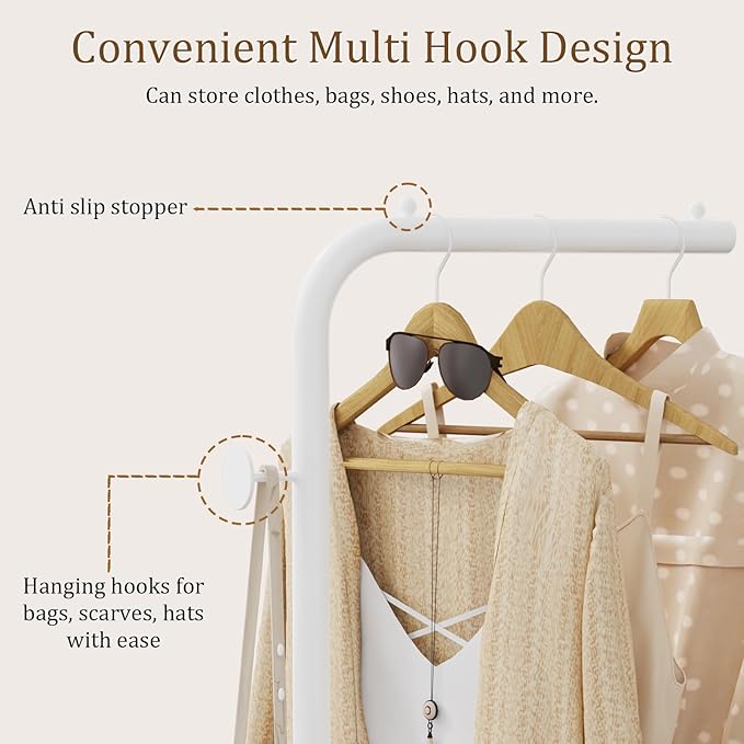 OUTBROS Metal Coat Rack, L-shaped Modern Hanger with Hooks, Freestanding Clothes Rack, Used in Bedroom, Entrance, 15.3 x 10.2 x 70.8 inch, White