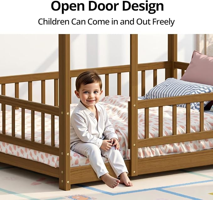 LLS Queen Size Montessori Floor Bed Frame with Slats and Fence, Wooden House Bed for Boys Girls Bedroom, Light Espresso