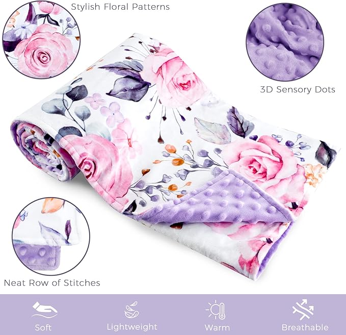 Pea Pod 30'' x 40''Baby Blankets, Super Soft Floral Minky Toddler Newborn Blanket for Boys Girls, Dotted Backing, Double Layer, Crib Receiving Blanket for Nursery/Stroller/Toddler Bed/Baby Carseat
