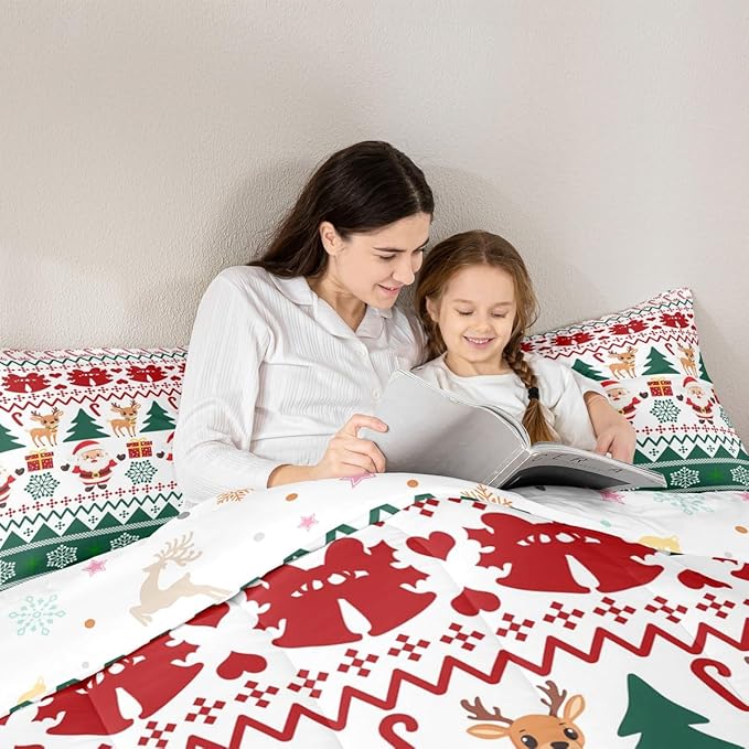Feelyou Merry Christmas Kids Comforter Set Queen Size Santa Claus Bedding Set Cute Deer Duvet Quilt for Kids Boys Girls Bedroom Snowflake Decor Microfiber Ultra Soft Breathable