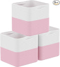 Storage Cotton Cubes 11 Inch, Woven Cotton Rope Storage Baskets for Toys Blanket Organizing, Storage Bins Decorative Organizer with Handles for Living Room Laundry Room Closet (3 Pack, Pink)