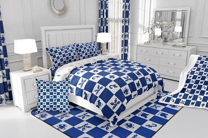 Feelyou Christmas Comforter Set All Season Checkered Pattern Bedding Set with 1 Pillow Cases Holiday Theme Kids Toddler Bedclothes Xmas Decor Room Decor Blue Duvet Quilt Breathable Soft Lightweight