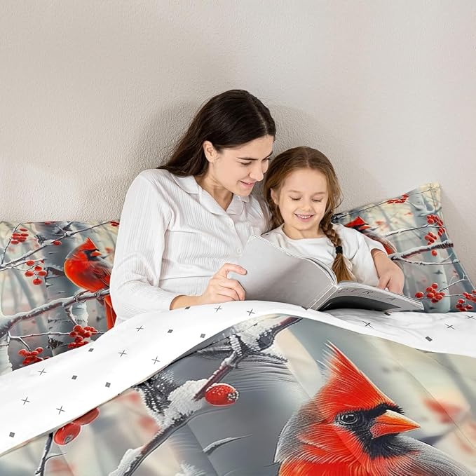 jejeloiu Kids Red Cardinal Comforter Set Full Size Christmas Theme Bedding Set for Boys Girls Teens Xmas Birds Winter Rustic Country Farm Animal Duvet Quilt Room Decor