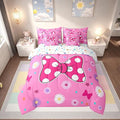 7 Pieces Pink Bowknot Kids Comforter Set King,Daisy Flowers Geometric Dot Patchwork Bedding Set,Bow Tie Cute Princess Dreamy Chic（Comforter+Fitted+Flat Sheet+2 Pillowcases+2 Throw Pillow Covers）
