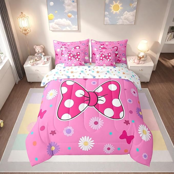 7 Pieces Pink Bowknot Kids Comforter Set Twin,Daisy Flowers Geometric Dot Patchwork Bedding Set,Bow Tie Cute Princess Dreamy Chic（Comforter+Fitted+Flat Sheet+2 Pillowcases+2 Throw Pillow Covers）