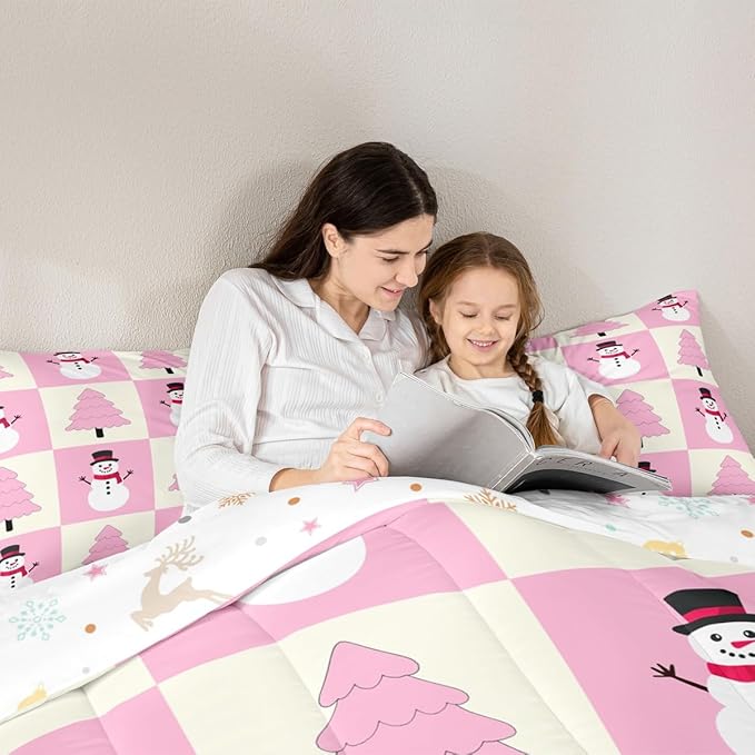 Feelyou Pink Christmas Kids Comforter Set King Size Snowman Bedding Set Xmas Tree Duvet Quilt for Kids Boys Girls Bedroom Decor Microfiber Ultra Soft Breathable