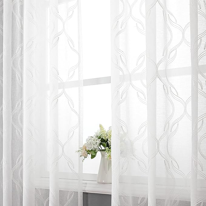 VISIONTEX Sheer Curtains 120 Inches Long 2 Panels Set, White Moroccan Embroidery Texture Geometric Rod Pocket White Voile Tulle Semi Window Treatment Pair for Bedroom, W54 x L120