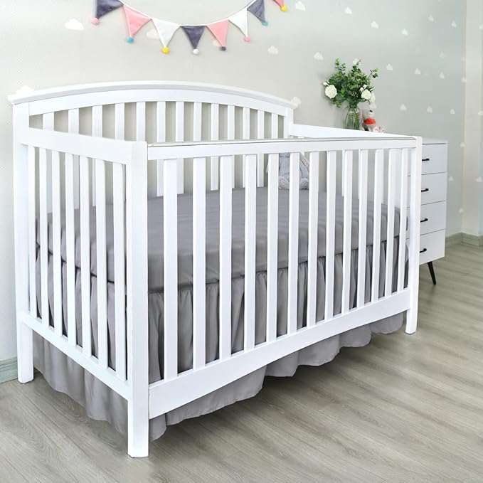 Crib Bed Skirt Grey 4 Sides Pleated Dust Ruffle Bed Skirt, Adjustable Nursery Crib Bedding for Baby Girls or Baby Boys, Fit All Standard Crib Toddler Bed Skirts Machine Wash