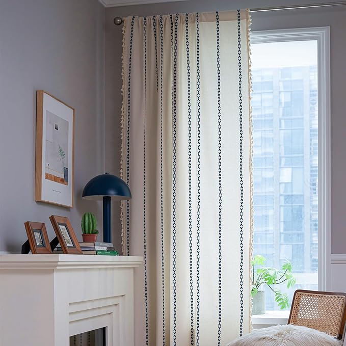 Deeprove Navy Blue Boho Curtains 96 inches Long for Bedroom, Vintage Privacy Bohemian Embroidery Light Filter Cotton Linen Stripes French Country Tassel Window Treatments Decor, W52 x L96, 1 Panel
