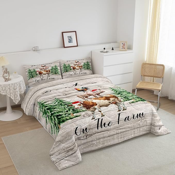 Christmas Farmhouse Bedding Set for Boys Girls,Cartoon Cow Chicken Pig All Season Cozy Comforter Set Full Size,Xmas Pine Trees Snowflake Duvet Set Bedroom Decor,Festival Gifts