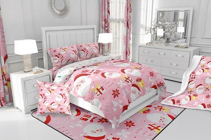 jejeloiu Santa Claus Comforter Set Full Size Merry Christmas Bedding Set for Kids Boys Girls Xmas Themed Duvet Quilt Pink Bedroom Decor