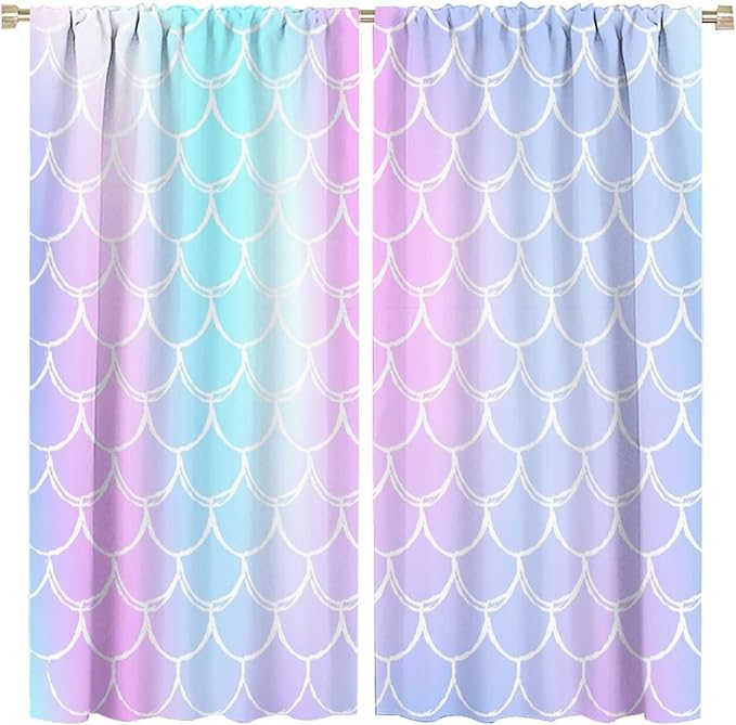 Fantasy Mermaid Curtain Rainbow Mermaid Scales Purple Pink Blue Ocean Theme Dream Blackout Window Treatment for Kids Boys Girls Bedroom Nursery Room Decor Rod Pocket Window Drapes 84x84in