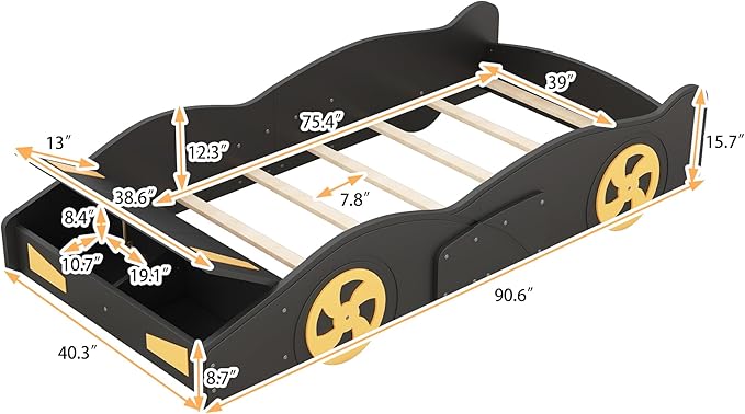 Harper & Bright Designs Twin Size Race Car-Shaped Platform Bed with Wheels and Storage, Black+Yellow