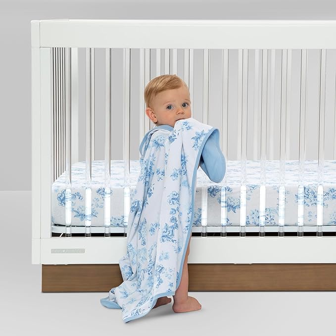 Delta Children 100% Organic Cotton Fitted Crib Sheets, Blue Botanicals + 100% Organic Jersey Cotton Baby Receiving Blankets – 30x40 Inches - GOTS Certified (Pack of 2) (Bundle)