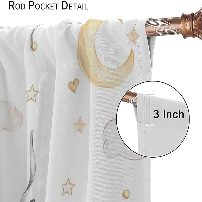 Cartoon Bear Curtains, Cartoon Watercolor Lovely Bear Moon Stars Printed Blackout Window Treatments, Rod Pocket Thermal Insulated Drapes 2 Panel Sets for Kids Bedroom Nursery Classroom, 55"W X 63"L