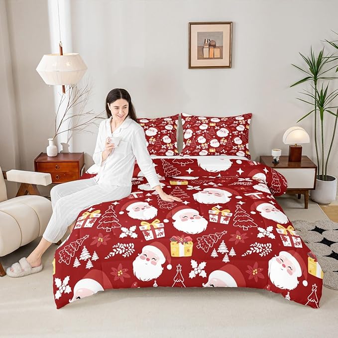 jejeloiu Santa Claus Comforter Set Toddler Size Merry Christmas Bedding Set for Kids Boys Girls Xmas Themed Duvet Quilt Red Bedroom Decor