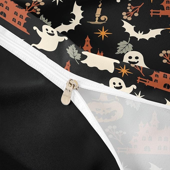 Halloween Bedding Duvet Cover Set Kids Cartoon Jack O Lantern Bedding Set Kids Ghost Pumpkin Lantern Decor Comforter Cover Set Microfiber Bats Castle Bedspread Cover Bedroom Bedclothes Queen Size