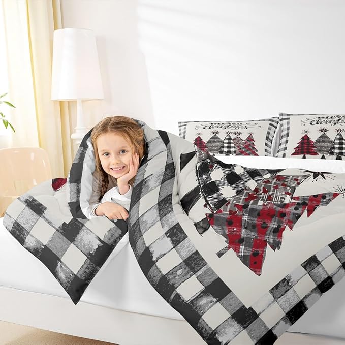 Christmas Trees Kids Comforter Set King Size,Geometric Grids Ink Tie-dye Bedding,Girls Boys Adults Bedroom/Xmas Cabin Decor,Rustic Vintage Down Comforter,Black Grey Retro Duvet Insert,2 Pillowcases