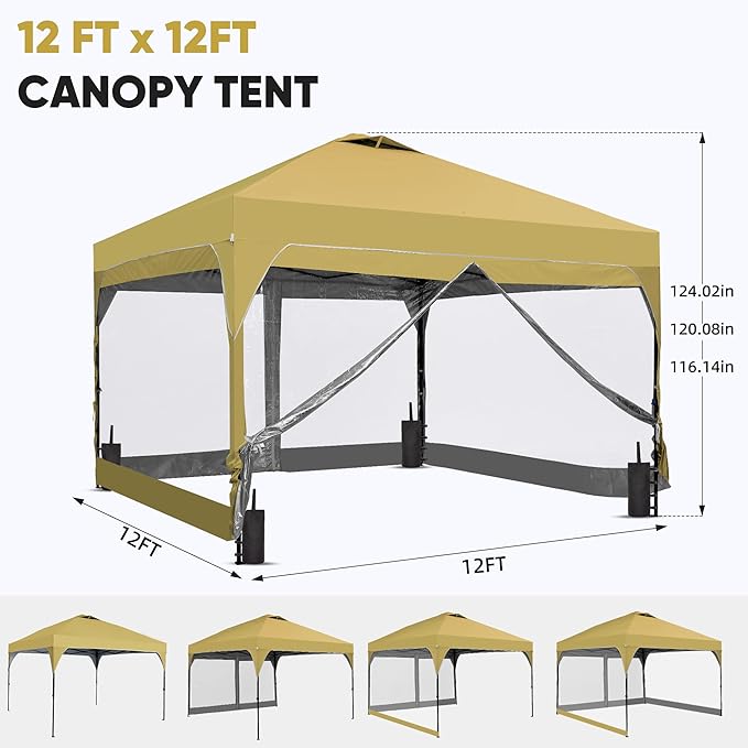 GDY 12x12FT Pop Up Canopy Tent with One Push Setup, Easy Setup Gazebo with 4 PVC Transparent Sidewalls for Events, Parties, Camping, Khaki