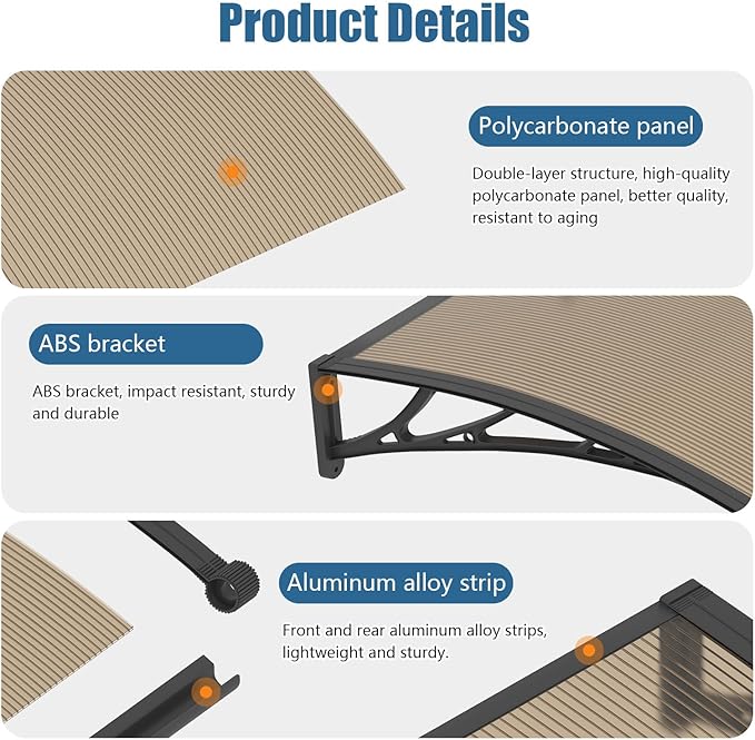 40''*60'' Window and Door Exterior, UV/Rain/Snow/Sunlight Protection Sheet,UPF 50+ Polycarbonate Overhang Canopy,House Overdoor Awnings for Door Entrance Outside/Patio/Porch/Deck