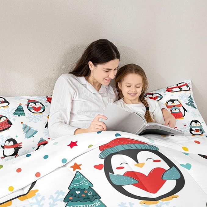 Cartoon Penguin Bedding Set for Boys Girls,Winter Snowflake Happy Xmas Theme All Season Cozy Comforter Set Full Size,Christmas Tree Duvet Set Bedroom Decor,Festival Gifts
