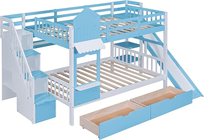Full-Over-Full Castle Style Bunk Bed with 2 Drawers and 3 Shelves, Wood Bunk Bed Frame with Slide and Storage Staircase for Kids Teens Boys Girls Bedroom