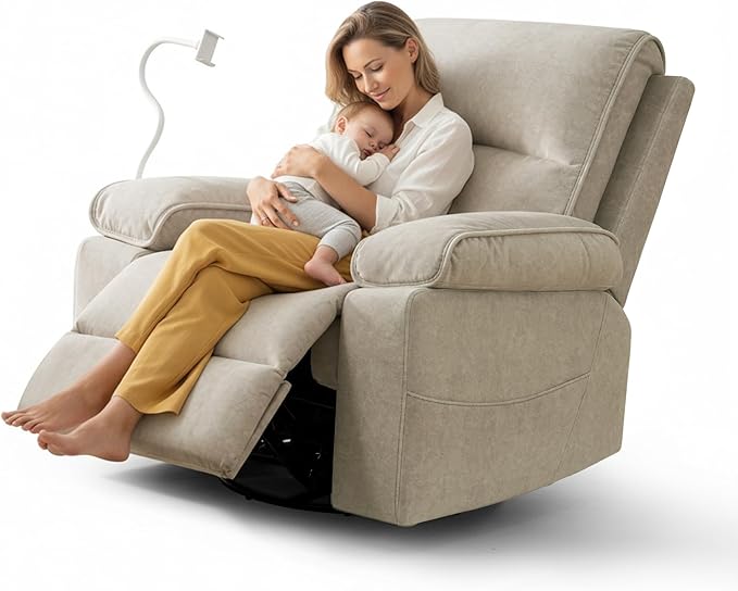 Nursing Rocking Chair for Breastfeeding, Swivel Rocker Nursery Glider Recliner with Adjustable and Removable Phone Holder for Living Room,Nursery Room, Baby Essentials,Beige