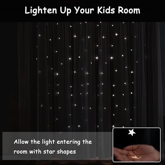 Kinryb Black Star Cutout Blackout 95 Inches Curtains Double Layer with Sheer Overly Curtains for Bedroom Thermal Insulated Window Treatment Set with 2 Free Tiebacks (52W x 95L 2 Panels Black)