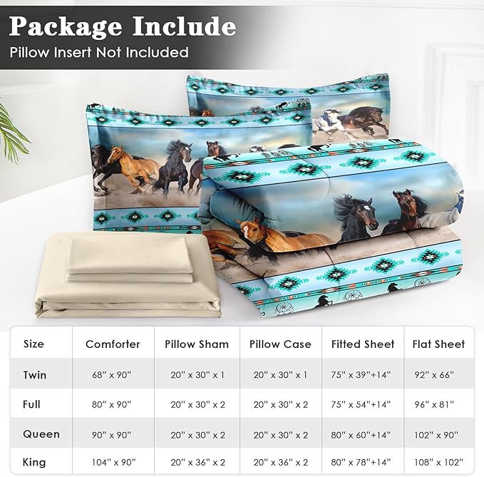 7 Pcs King Size Comforter Set with 2 Pillowcases & 2 Shams, Horses Western Bedding for Kids and Adults, Tribal Sunset Run Bed in a Bag with Flat Fitted Sheet