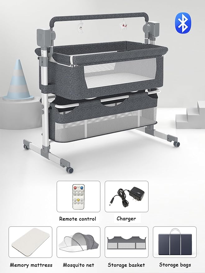 Electric Bluetooth Smart Baby Bedside Bassinet, Baby Bassinet Bedside Sleeper, Next to Me Crib with Wheels, Foldable Co-Sleeping Bed Bassinet for Newborn with 5 Swaying Gears and Remote (601 Grey)