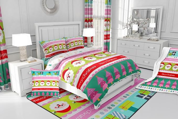 Feelyou Merry Christmas Comforter Set Full Size Santa Claus Bedding Set for Kids Boys Girls Xmas Tree Snowflake Duvet Quilt Striped Bedroom Decor Microfiber 3 Pcs with 2 Pillow Cases