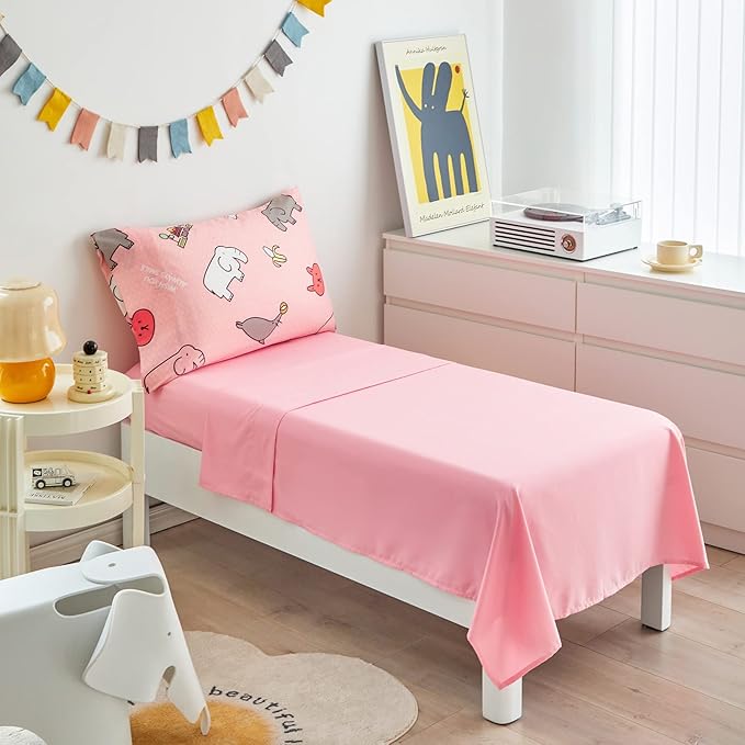Flysheep 4 Pieces Pink Toddler Bedding Set, Elephant Lion Animals Printed for Baby Girls - Includes Quilted Comforter, Flat Sheet, Fitted Sheet & Pillow Case, Soft Microfiber