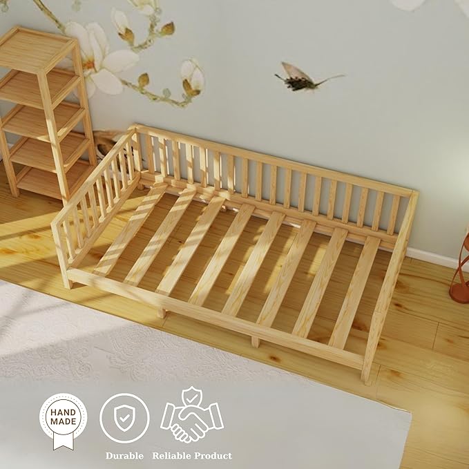 Montessori Floor Bed Designed with Open Front and Footed Model for Girls and Boys | Pine Wood Natural Solid Frame Bed with Slats | Sturdy Designed Floor Beds Frame for Kids (Twin, Height : 23 Inches)