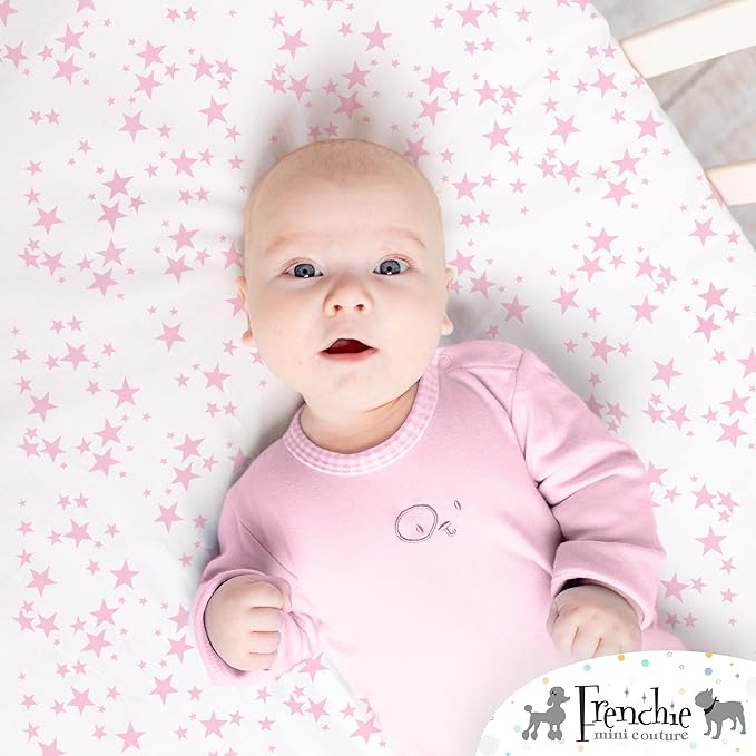 Frenchie Mini Couture Fitted Pack N Play Sheets 100% Woven Cotton Standard Mattress, Pink Stars, 27 x 39in, 2-Pack