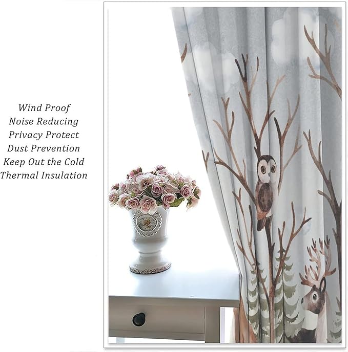 Forest Curtains, Cartoon Woodland Animals Tree Birds Moose Rabbit Mushroom Print Pattern Kids Bedroom Window Treatments Curtains 42x45 Inch, Style-8