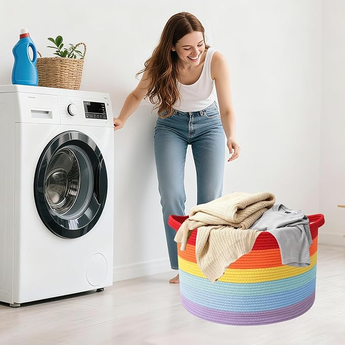 Large Blanket Basket for Organizing,115L Closet Organizers and Storage Bins Box for Shelves Woven Rope Storage Baskets,Living Room,Bedroom,Dorm,Laundry room (Rainbow)