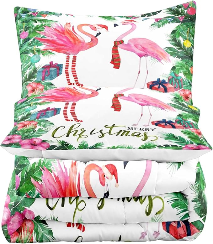 LUVIVIHOME 3PCS Merry Christmas Comforter Set Full Size, Pink Flamingo Bedding, Teens Girls Boys Kids Bedding, Tropical Green Plant Botanical Hibiscus Flower White Quilt, Xmas Gifts, 2 Pillow Cases