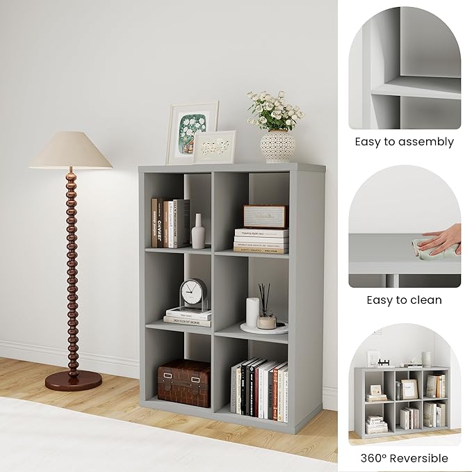 14.6 * 43.8 * 30.7 inches 2x3 Cube Storage Book Shelf, Engineered Wood 6 Cube Closet Organizer with Open Shelves, Wooden Storage Cubes for Bedroom, Bathroom, Office, Light Gray