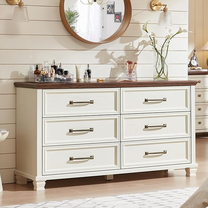Farmhouse Bedroom Dresser and Nightstand Set of 4, 6 Drawer Tall & Low Dresser & 2 Drawer Nightstand Set, Rustic Wood Furniture Set for Bedroom, Hallway, White