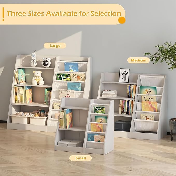 NACHES Montessori Kids Bookshelf Fabric Sling Pockets & Open Shelves – Front Facing Toddler Book Display and Toy Storage Organizer for Nursery Playroom or Bedroom 25" Wide (Gray, Small)