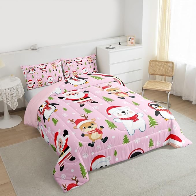 Feelyou Pink Christmas Bedding Set Soft for Boys Girls, Santa Claus Comforter Set Toddler Size Penguin Deer Duvet Quilt Microfiber Xmas Snowflake Tree Bedroom Decor 2 Pcs with 1 Pillow Cases
