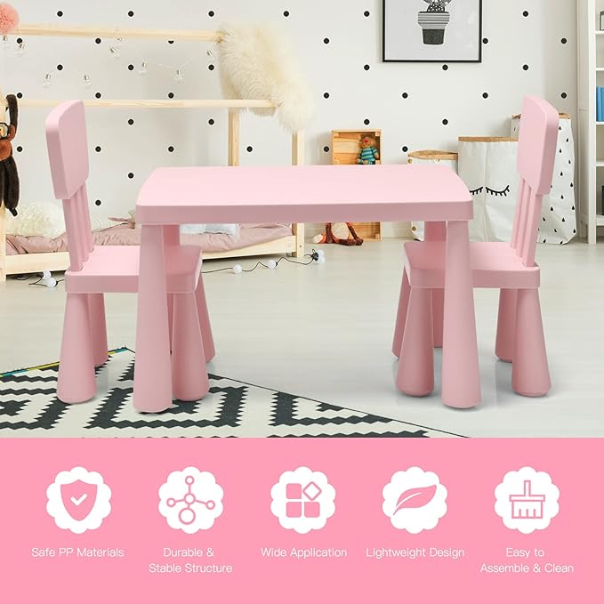 HONEY JOY Kids Table and Chair Set, Plastic Children Activity Table and 2 Chairs for Art Craft, Easy-Clean Tabletop, 3-Piece Toddler Furniture Set for Daycare Playroom, Gift for Boys Girls(Pink)