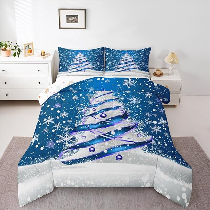 Feelyou Merry Christmas Kids Comforter Set Twin Size Christmas Tree Bedding Set Snowflake Duvet Quilt for Kids Boys Girls Bedroom Winter Decor Microfiber Ultra Soft Breathable