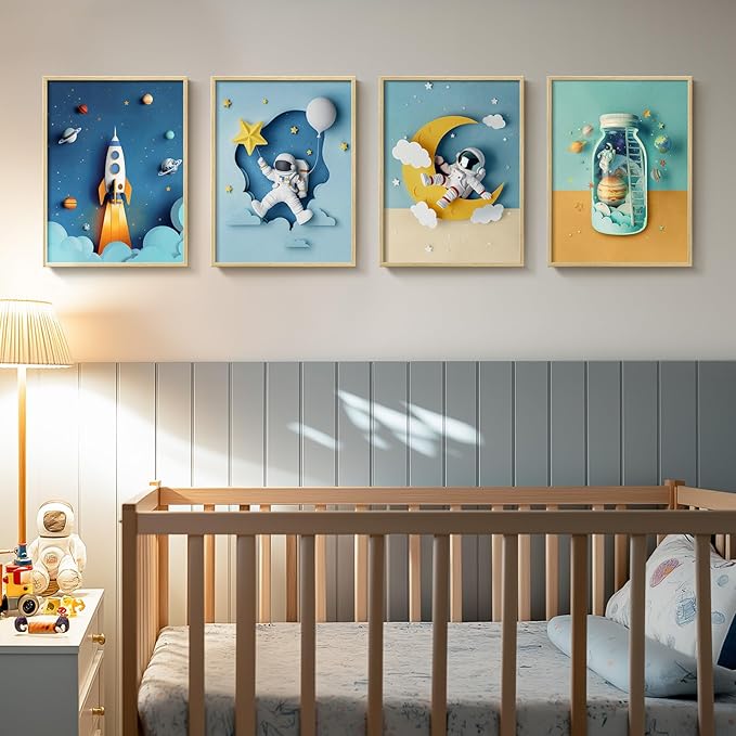 Framed Space Astronaut Cool Wall Art for Nursery Decor, 4 Piece Modern Space Themed Canvas Prints Artwork for Walls, Rocket Pictures for Bedroom, Kids Room, Baby Room, Boys Room, Bathroom Wall Decor