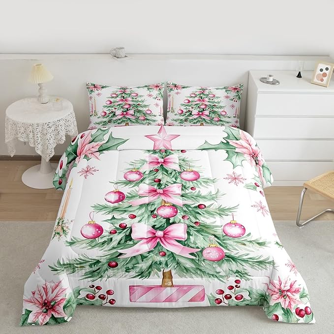 Feelyou Pink Christmas Comforter Set Full Size Xmas Tree Bedding Set for Kids Boys Girls Xmas Ornaments Duvet Quilt Snowflake Bow Bedroom Decor Microfiber 3 Pcs with 2 Pillow Cases