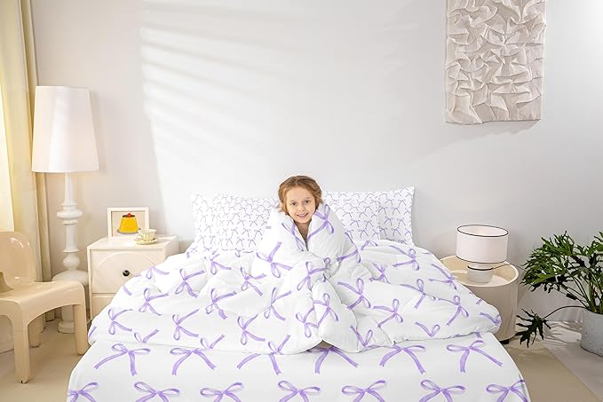 Manfei 7 Pieces Cartoon Bowknot Kids Comforter Queen Size,Bow Tie Fashion Princess Girls Bedding Set,Cute Bow Geometric Purple Romantic（Comforter+Fitted+Flat+2 Pillowcases+2 Throw Pillow Covers）
