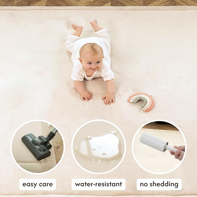 Stylish Coral Velvet Baby Play Mat for Floor 47" x 67" Beige – Soft 1" Thick High-Density Memory Foam Nursery Rug,Kids Rug with Non-Slip Backing for Crawling & Playing, Playroom Rug, Kids Carpet
