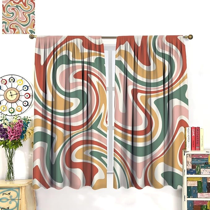 70S Abstract Wavy Swirl Curtain for Bedroom Windows,Retro Boho Minimal Teen Girls Kids Living Room Restroom Window Treatments Drapes 52"" W X 84"" L, Style-4