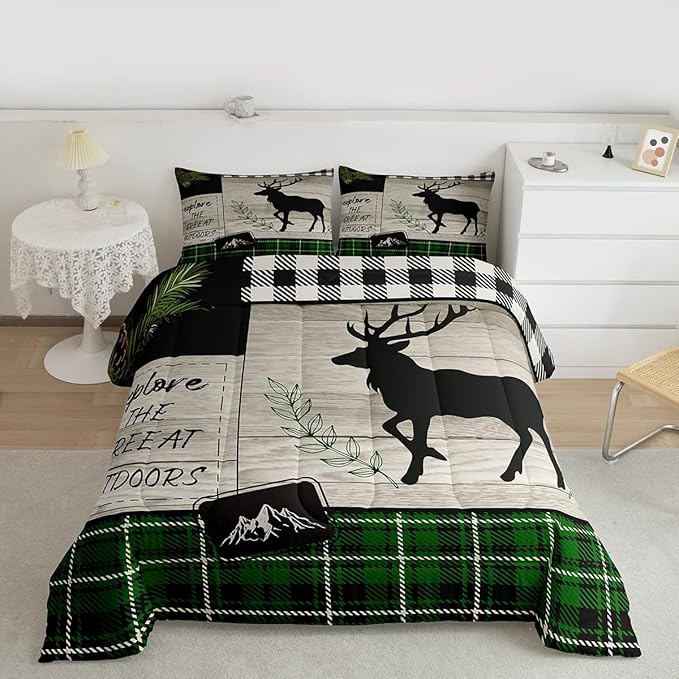 Elk Silhouette Kids Comforter Set Twin Size,Palm Leaves Old Plank Bedding,Girls Boys Adults Bedroom/Xmas Cabin Decor,Camper Explore Down Comforter,Geometric Grids Plaid Duvet Insert,1 Pillowcase