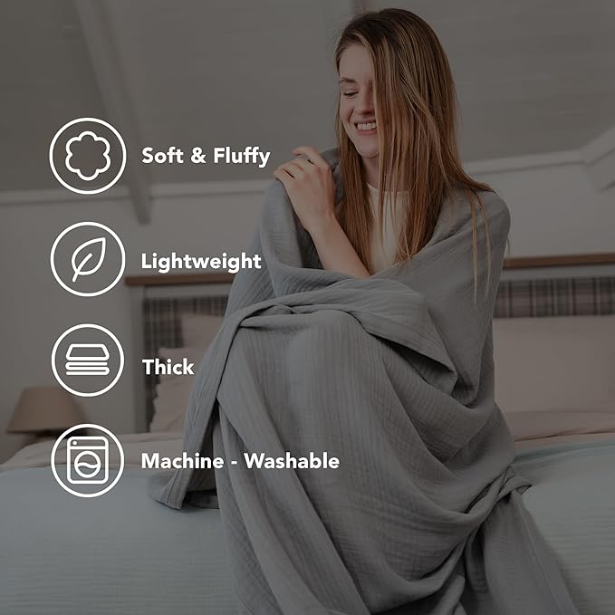 Goqan Muslin Blanket Twin 55x79 – 100% Cotton 4 Layer Boho Muslin Blanket for Adults, Lightweight, Soft, Breathable, for Bed, Couch - Light Grey